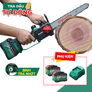 Máy cưa xích WF-CS12CP workfix lam 12 inch tra nhớt tự động, cưa cây, tỉa cành, chân pin phổ thông