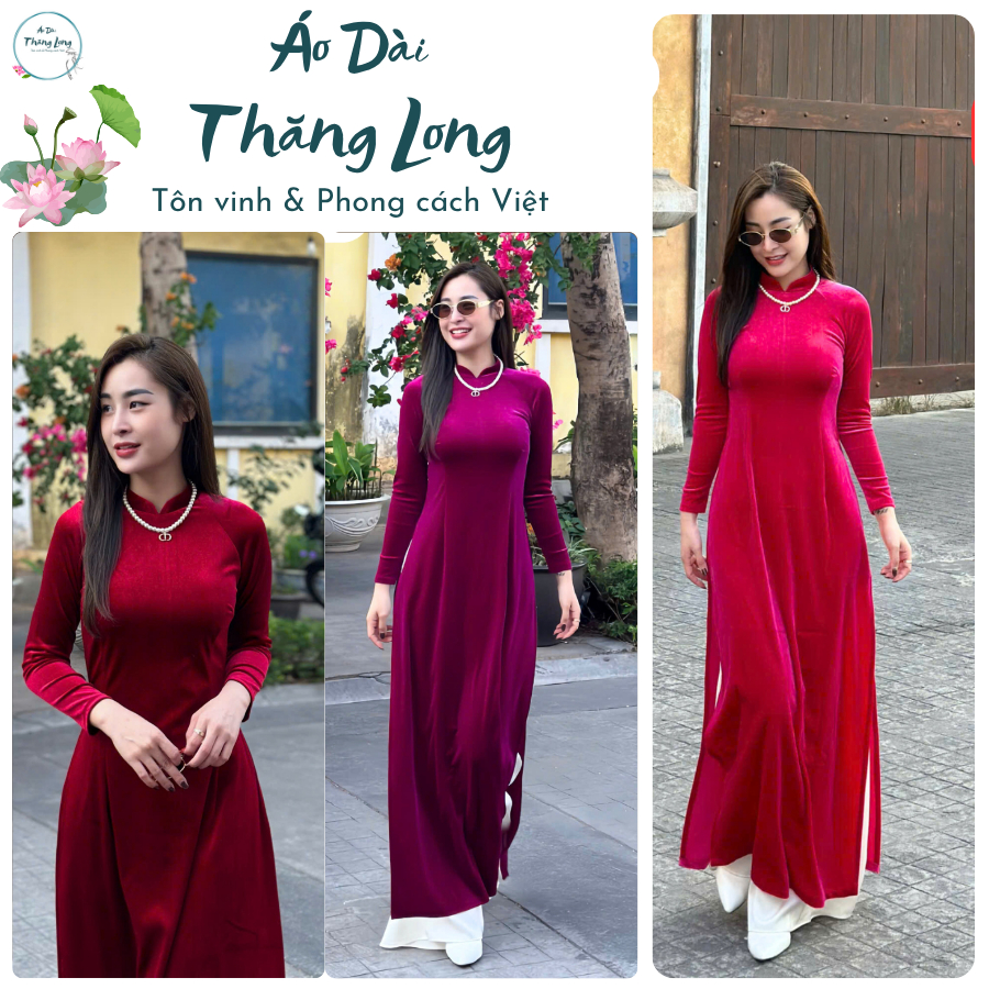 Áo dài truyền thống, Áo dài nhung cho mẹ, Áo dài cổ trụ, Áo dài chất liệu nhung tuyết mềm mịn, Áo dài Thăng Long