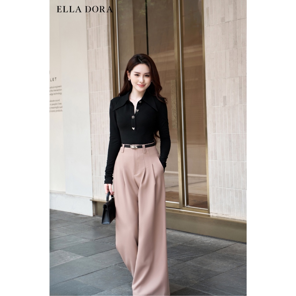 Áo thun polo ELLA DORA  thiết kế tay dài 4 cúc kim loại form gọn thanh lịch 3 màu ĐEN/ĐỎ/TRẮNG[AT47]