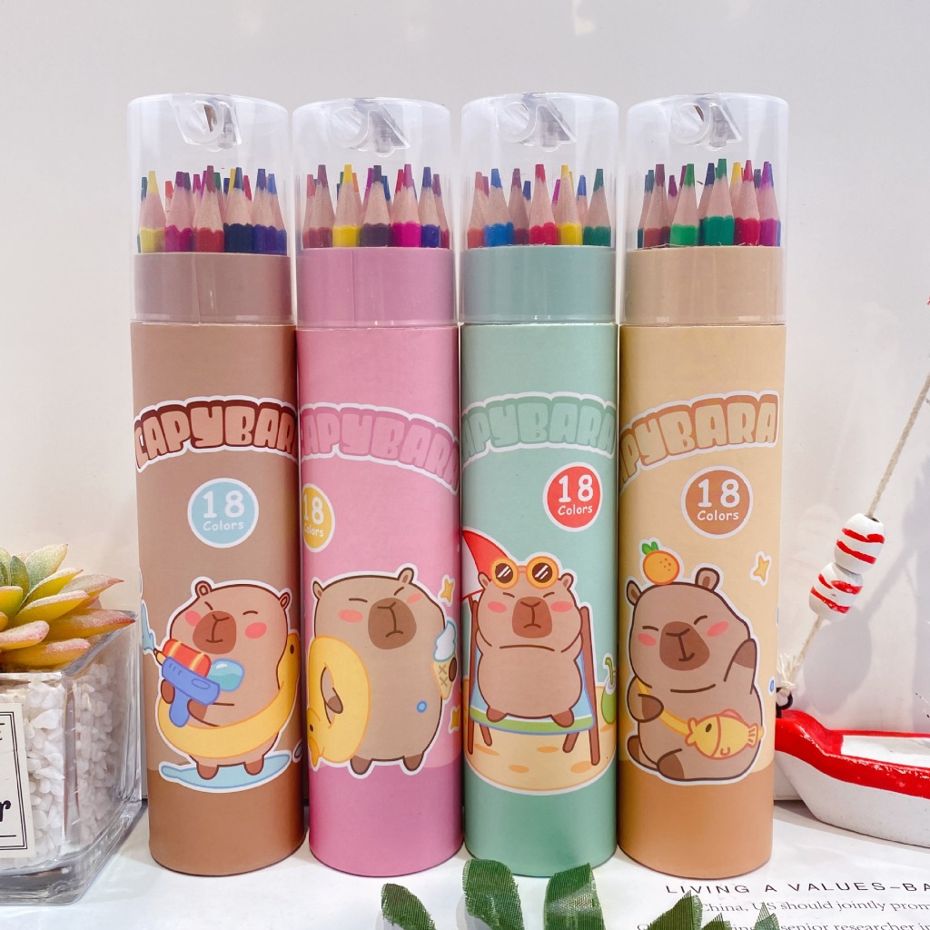 Hỏa tốc Bút chì màu dạng lon 12-48 màu CAPYBARA dạng ống tiện lợi thiết kế hộp ống gọn gàng đáng yêu