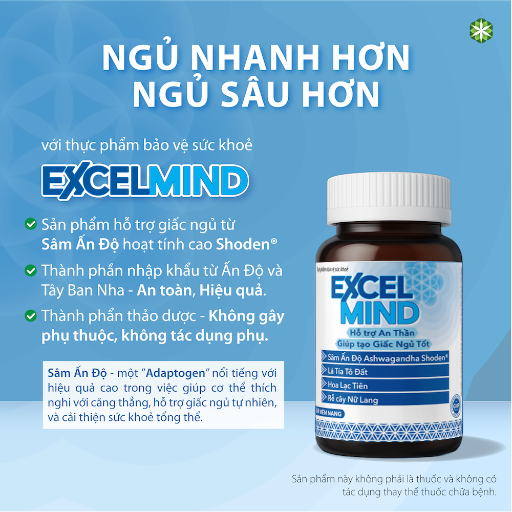 Viên Uống ExcelMind - Sâm Ấn Độ (Ashwagandha) - Hỗ Trợ Giấc Ngủ Ngon, Giảm Căng Thẳng, Ngủ Sâu Giấc