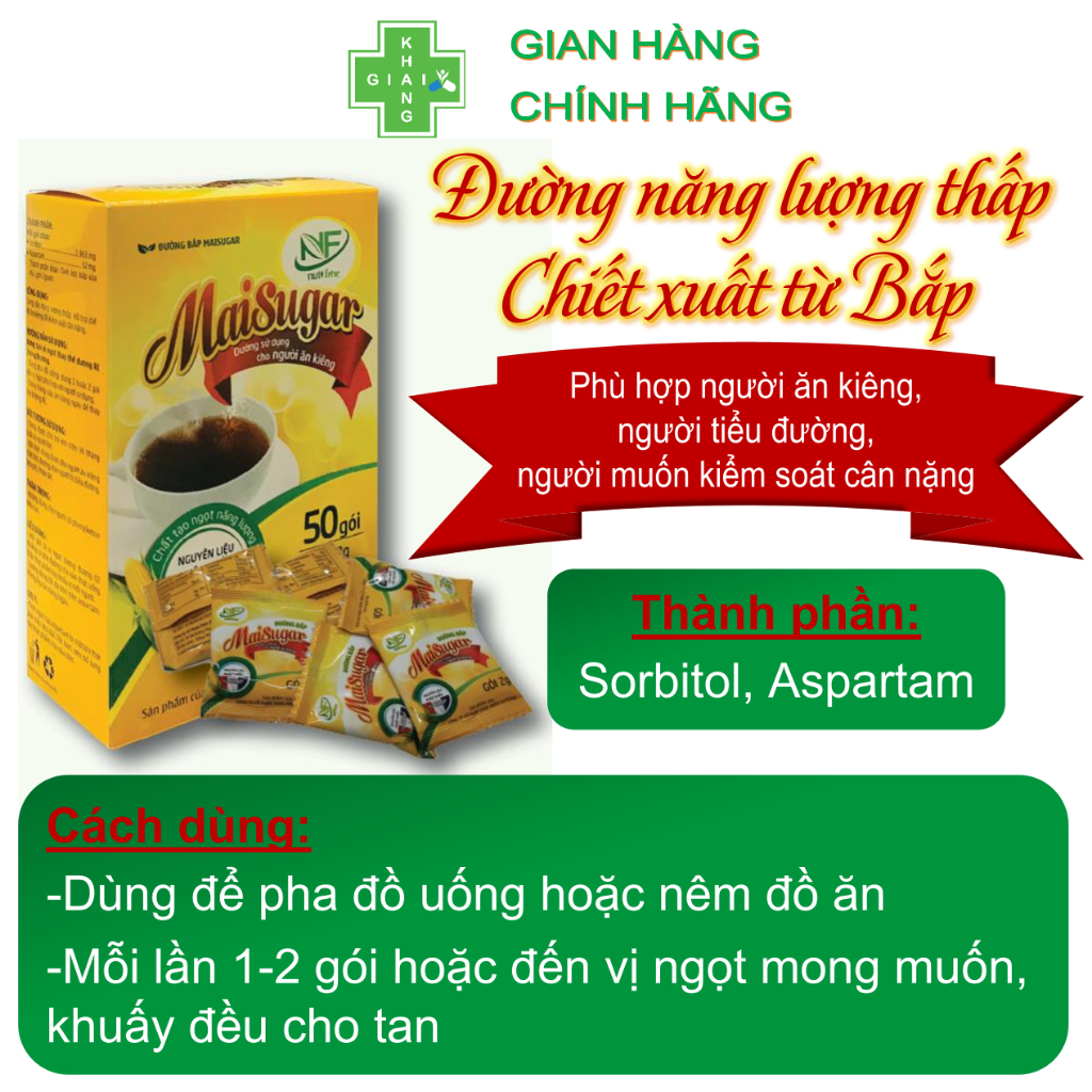 Đường bắp Maisugar cho người ăn kiêng, giảm cân và đái tháo đường (Hộp 50 gói)