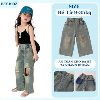 Quần Bò Cho Bé Gái, Quần Bò Ống Rộng Cho Bé Gái Thiết Kế Rách Gối Cá Tính Chất Liệu Jean Mềm Mịn