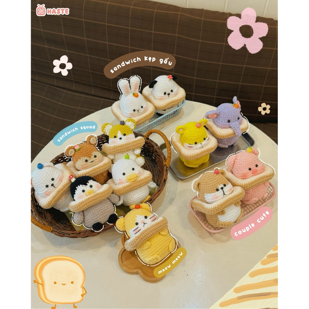 Móc Khoá Len Nhung Animal Thú Sandwich Heo Gấu Khỉ Voi Mèo Cánh Cụt Thỏ Panda Handmade Dễ Thương
