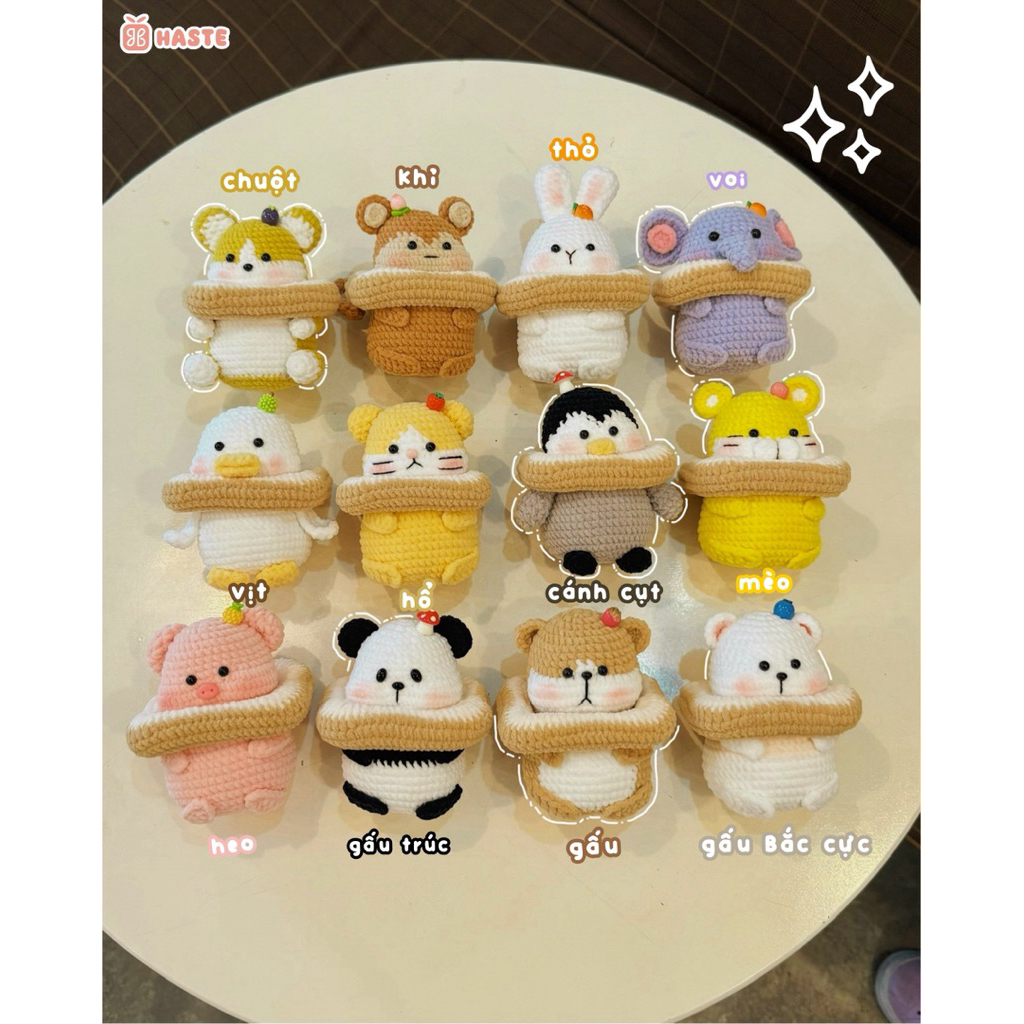 Móc Khoá Len Nhung Animal Thú Sandwich Heo Gấu Khỉ Voi Mèo Cánh Cụt Thỏ Panda Handmade Dễ Thương