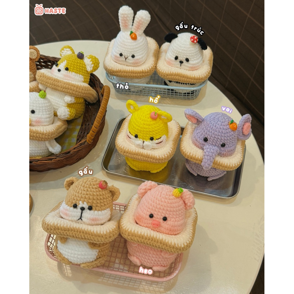 Móc Khoá Len Nhung Animal Thú Sandwich Heo Gấu Khỉ Voi Mèo Cánh Cụt Thỏ Panda Handmade Dễ Thương