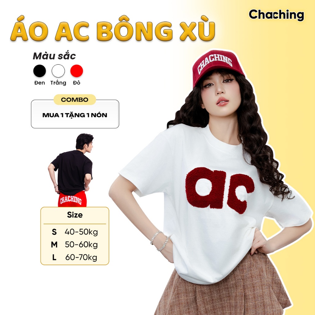 Áo Thun Unisex Thêu Hoạ Tiết Chữ AC Bông Xù ChaChing, Áo Phông Nam Nữ ...