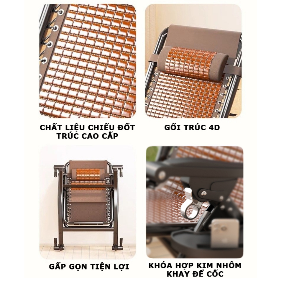 Ghế Bập Bênh Thư Giãn Gấp Gọn GOTEK Cao Cấp, Đệm Lưng Chiếu Trúc Mát Mẻ, Khung Thép Carbon Tặng Kèm Khay Để Đồ