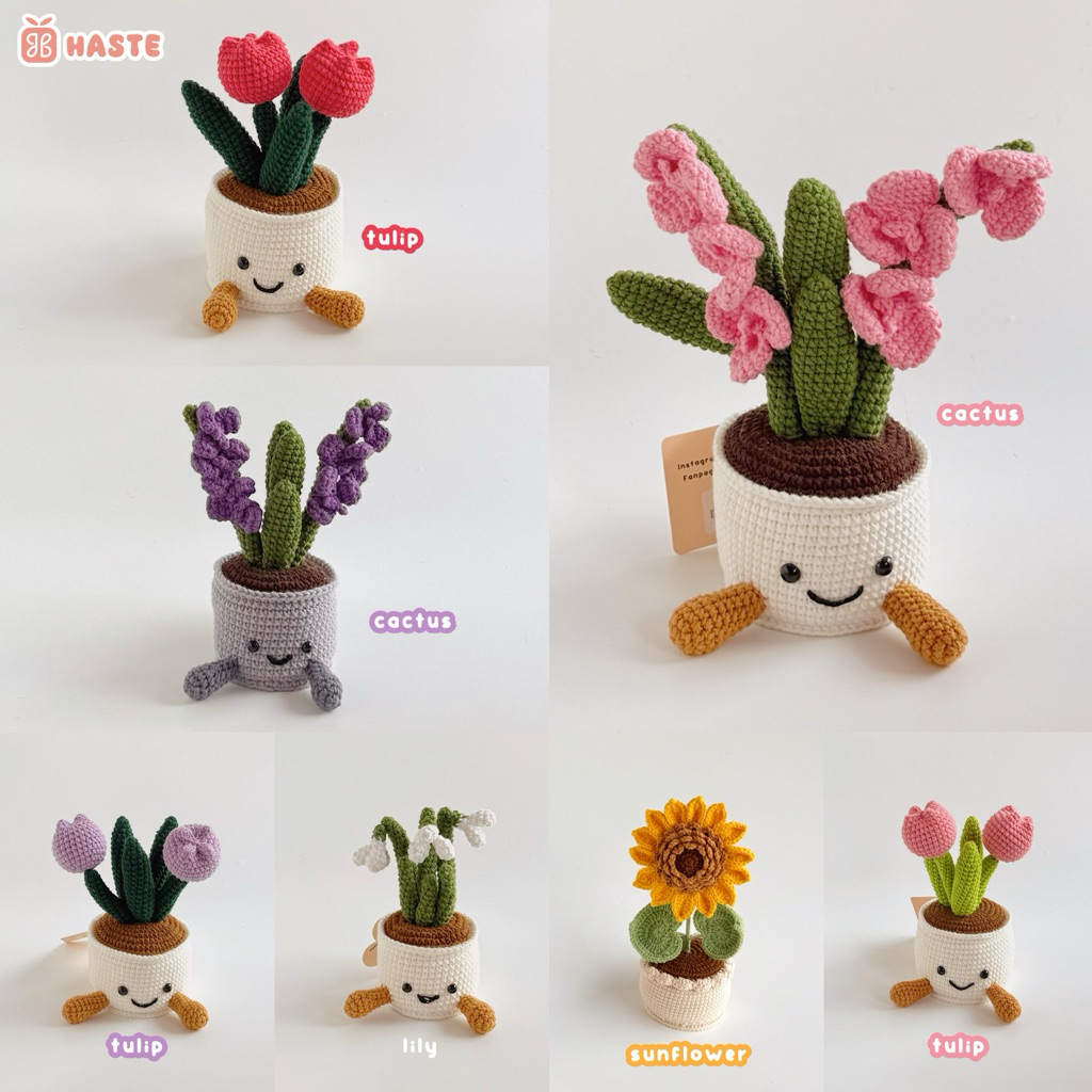 Chậu Hoa Len Phong Cách Jelly Mặt Cười Tulip Xương Rồng Để Bàn Trang Trí Bàn Làm Việc Học Dễ Thương Handmade Haste