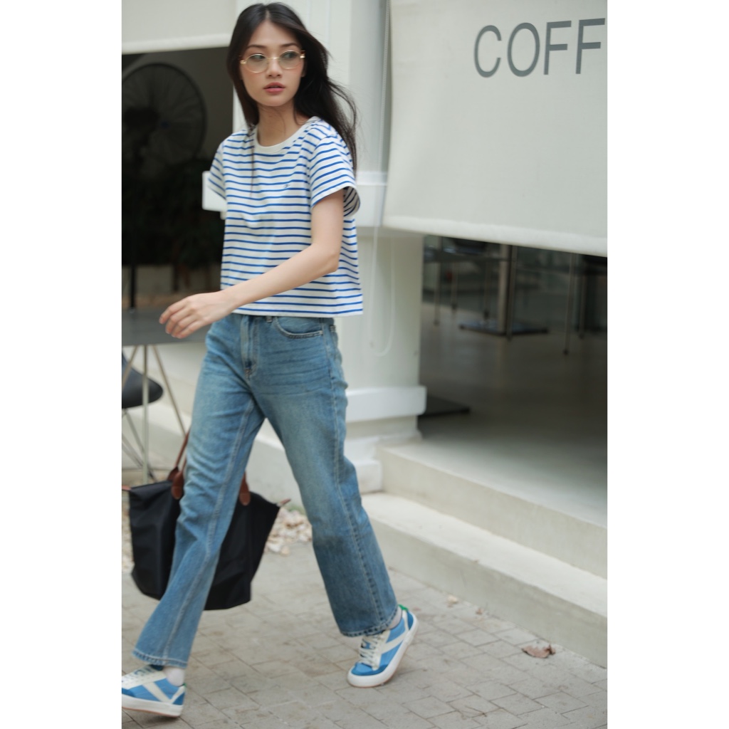 TheBlueTshirt - Áo thun tay ngắn phom mid crop nữ - Everyday Tee - Signature Stripe Premium Cotton - Women