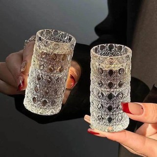Ly Thuỷ Tinh Hình Trụ Đứng 20Ml Hoa Văn Chạm Khắc Vân Nổi - Đựng Các Loại Thức Uống, Decor Phong Cách Sang Trọng