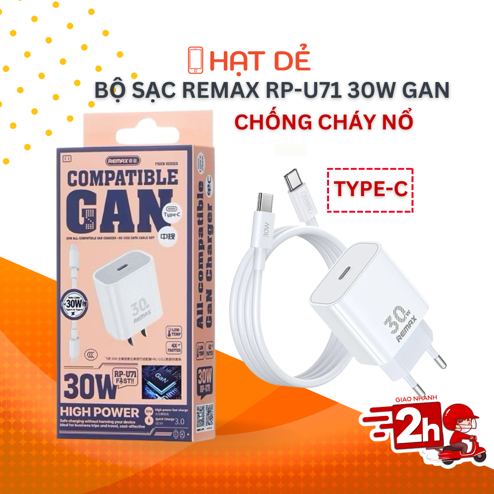 Combo Sạc Nhanh Remax RP-U71 GaN 30W + Cáp Type-C to Type-C 100W Chính Hãng