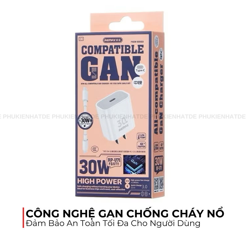 Combo Sạc Nhanh Remax RP-U71 GaN 30W + Cáp Type-C to Type-C 100W Chính Hãng