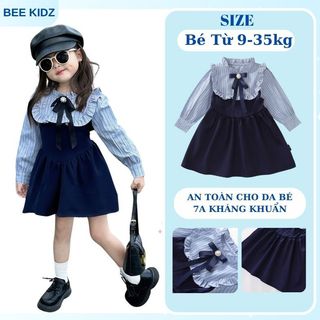 Váy Cho Bé Gái, Váy Sơ Mi Cho Bé Gái Thiết Kế Cổ Bèo Tặng Kèm Nơ Chất Liệu Cotton Mềm Mại
