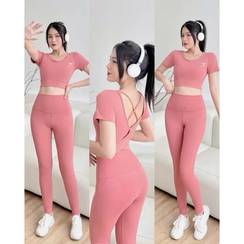 [PEINN] Đồ tập gym yoga aerobic nữ - chất đẹp áo cộc tay dây chéo sau lưng quần dài, D16