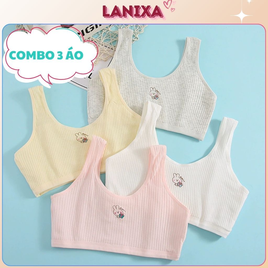 COMBO 3 Áo lá bé gái tuổi dậy thì cotton cao cấp - SET 3 Áo lót học sinh họa tiết xinh LANIXA A8574