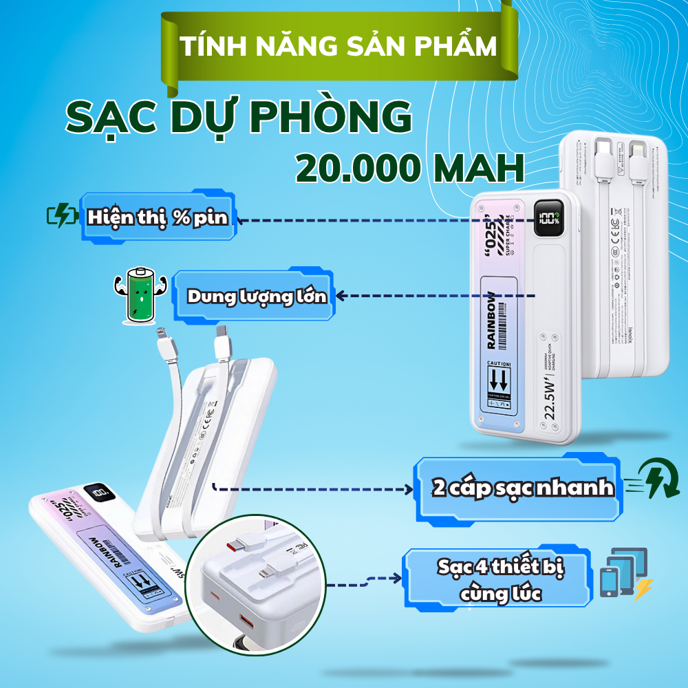 【CHUẨN DUNG LƯỢNG】Sạc dự phòng nhanh pd22.5w 20.000mah Tích hợp 2 dây sạc - màn hình led thể hiện thông số pin
