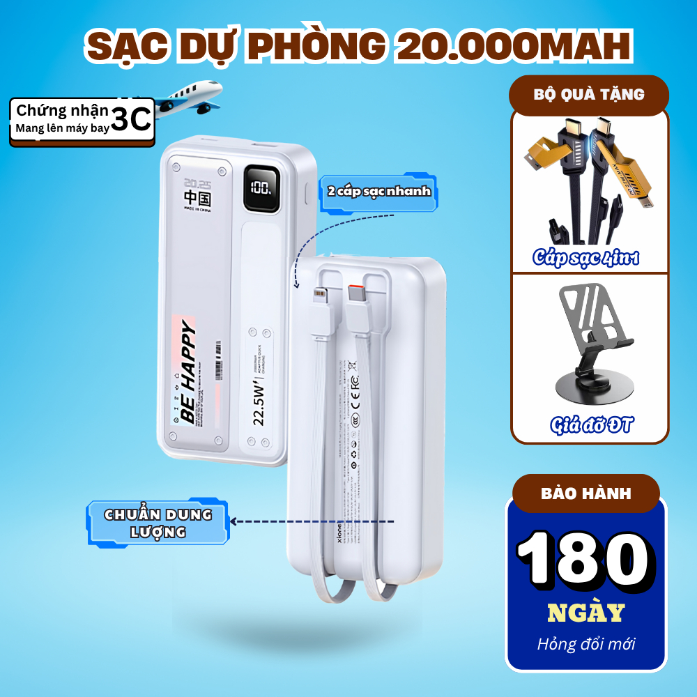 【CHUẨN DUNG LƯỢNG】Sạc dự phòng nhanh pd22.5w 20.000mah Tích hợp 2 dây sạc - màn hình led thể hiện thông số pin