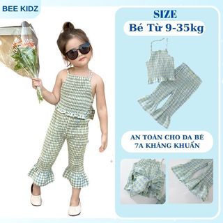 Bộ Đồ Bé Gái, Bộ Đồ Bé Gái Thiết Kế Áo Cổ Yếm Kèm Quần Ống Loe Viền Bèo Chất Liệu Cotton Co Giãn