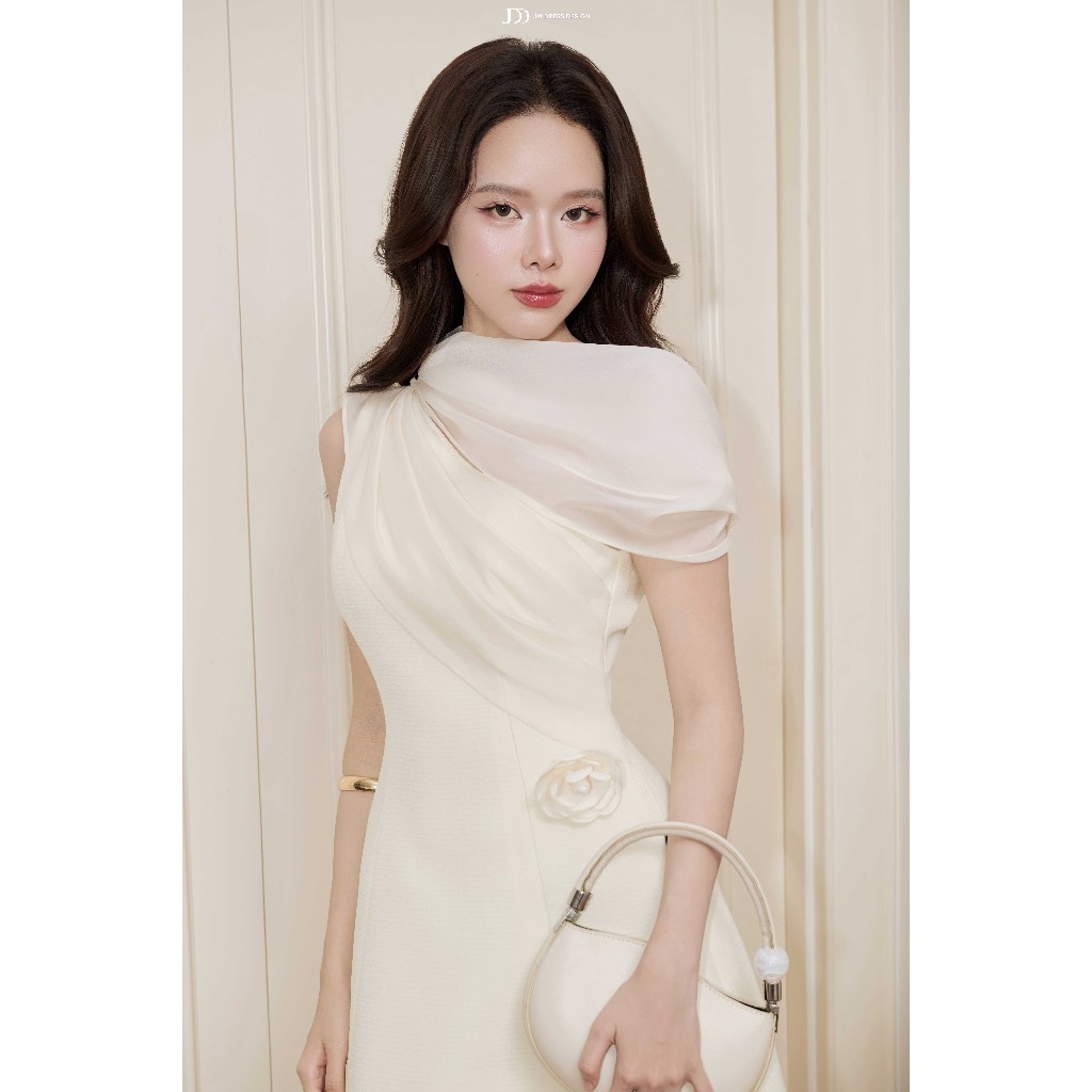 Đầm Đổ Phối Tơ Bung Ngực 1F18.2509K. Đầm Dài Midi Cổ Lệch One Shoulder Hoa 3D Dự Tiệc Sang Trọng Thiết Kế Bởi JM Dress