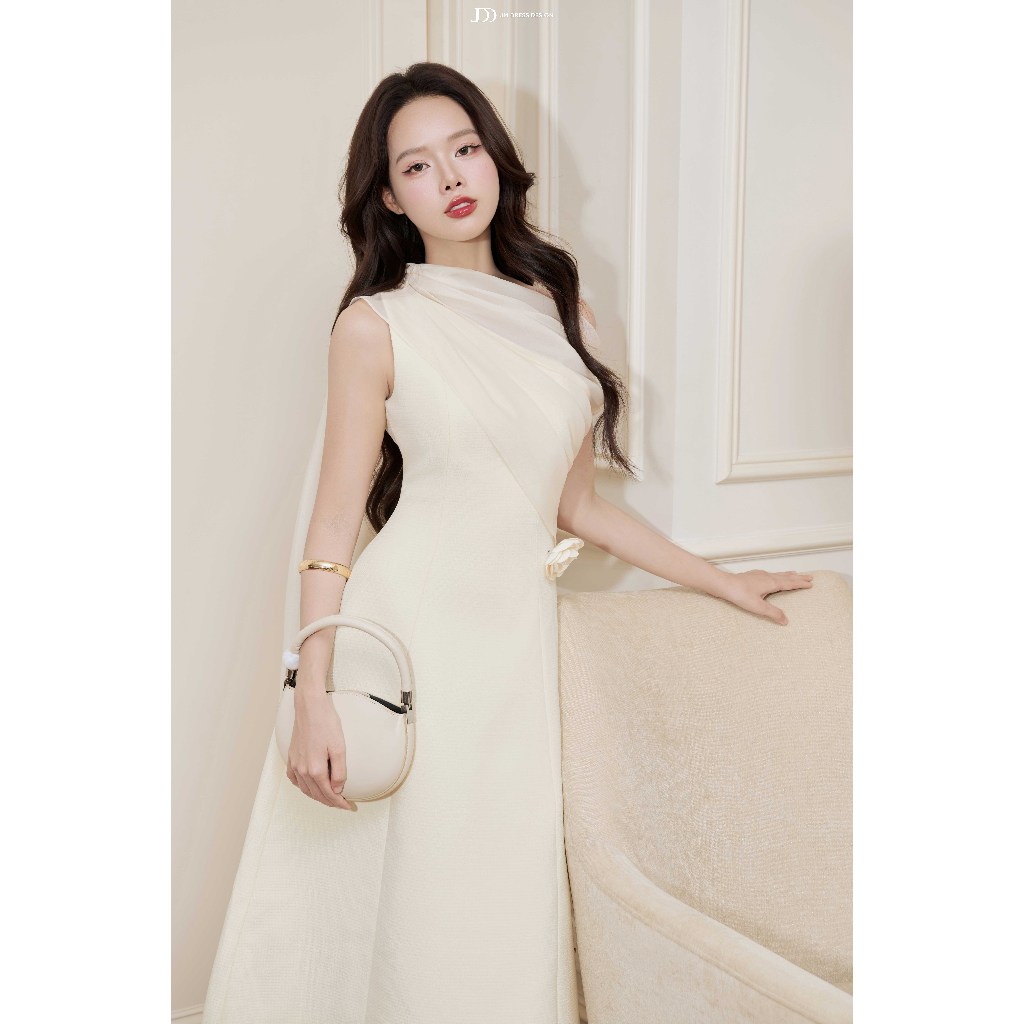 Đầm Đổ Phối Tơ Bung Ngực 1F18.2509K. Đầm Dài Midi Cổ Lệch One Shoulder Hoa 3D Dự Tiệc Sang Trọng Thiết Kế Bởi JM Dress