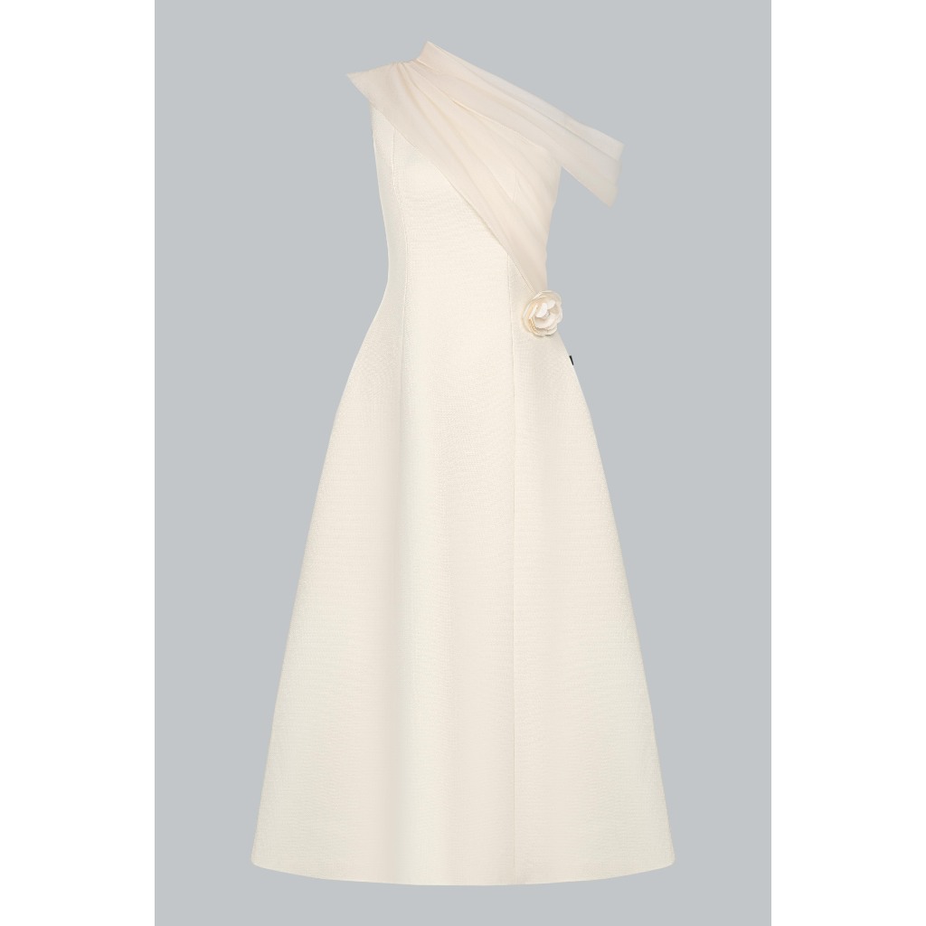 Đầm Đổ Phối Tơ Bung Ngực 1F18.2509K. Đầm Dài Midi Cổ Lệch One Shoulder Hoa 3D Dự Tiệc Sang Trọng Thiết Kế Bởi JM Dress