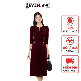 Đầm A nhung cổ đính đá tay lỡ thời trang nữ Seven.AM H602050K