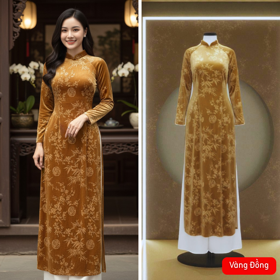 Áo dài truyền thống vải nhung tuyết in hoa cao cấp 8 màu cơ bản - áo dài cổ trụ truyền thống - Áo dài Thăng Long