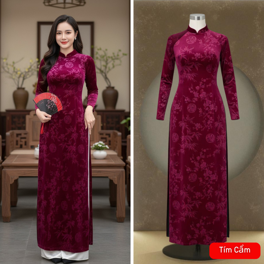 Áo dài truyền thống vải nhung tuyết in hoa cao cấp 8 màu cơ bản - áo dài cổ trụ truyền thống - Áo dài Thăng Long
