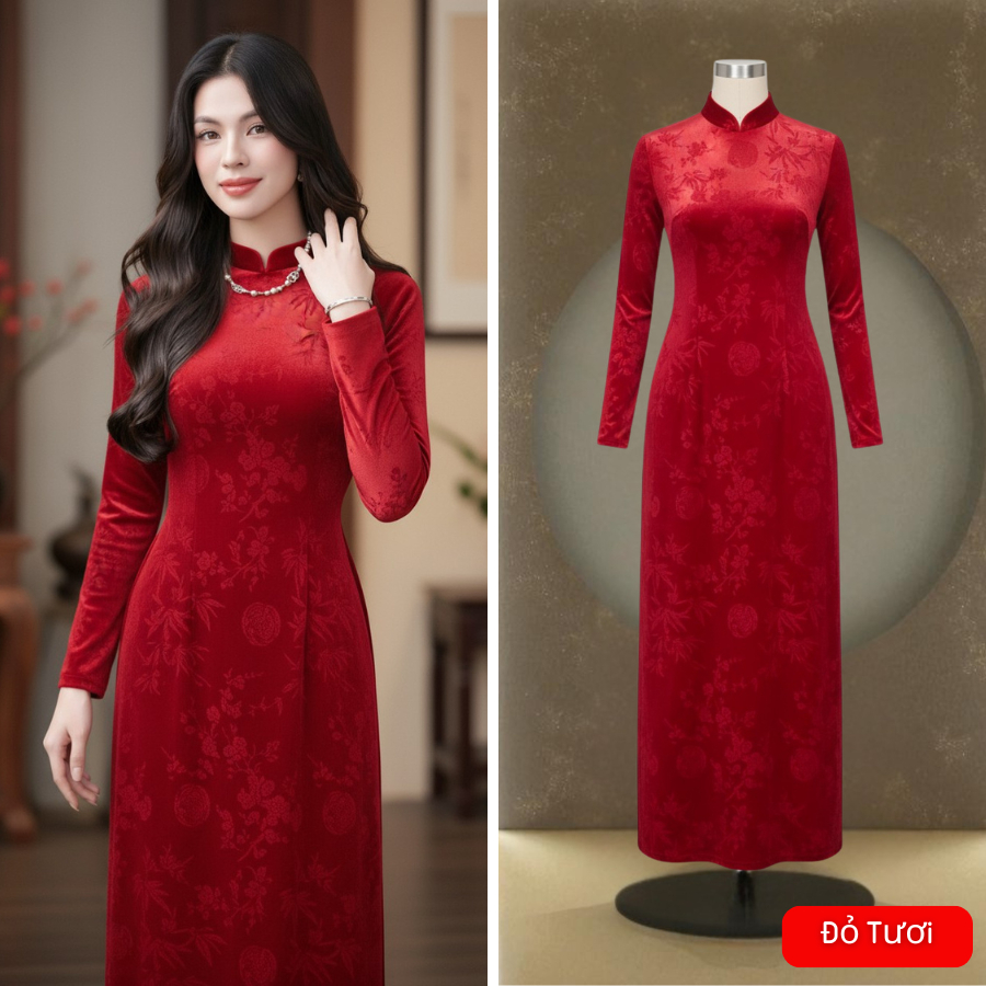 Áo dài truyền thống vải nhung tuyết in hoa cao cấp 8 màu cơ bản - áo dài cổ trụ truyền thống - Áo dài Thăng Long