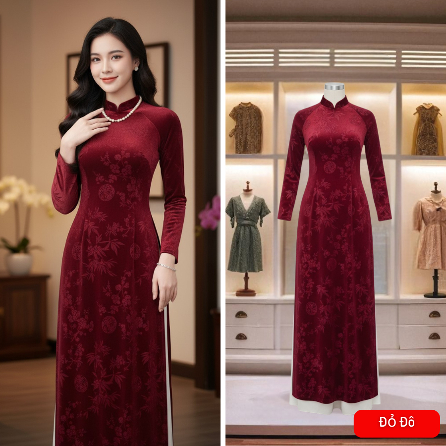 Áo dài truyền thống vải nhung tuyết in hoa cao cấp 8 màu cơ bản - áo dài cổ trụ truyền thống - Áo dài Thăng Long