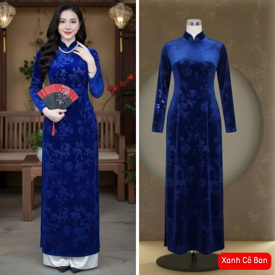 Áo dài truyền thống vải nhung tuyết in hoa cao cấp 8 màu cơ bản - áo dài cổ trụ truyền thống - Áo dài Thăng Long