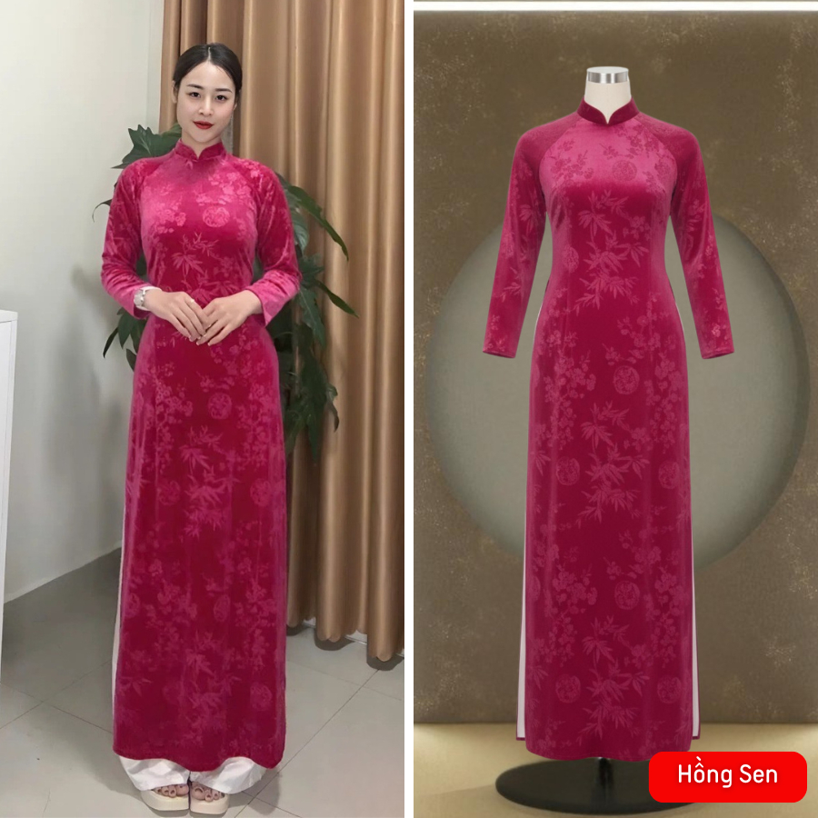 Áo dài truyền thống vải nhung tuyết in hoa cao cấp 8 màu cơ bản - áo dài cổ trụ truyền thống - Áo dài Thăng Long