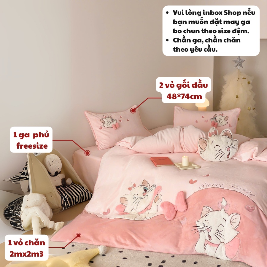 Bộ Chăn Ga Gối 5 Món Memminbedding Luxury Chất Liệu Nỉ Nhung Mịn Mềm Thêu Họa Tiết Cô Mèo Đáng Yêu Dễ Thương - L587