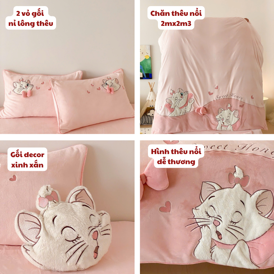 Bộ Chăn Ga Gối 5 Món Memminbedding Luxury Chất Liệu Nỉ Nhung Mịn Mềm Thêu Họa Tiết Cô Mèo Đáng Yêu Dễ Thương - L587
