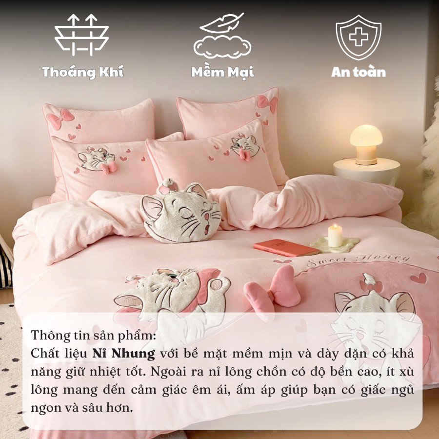 Bộ Chăn Ga Gối 5 Món Memminbedding Luxury Chất Liệu Nỉ Nhung Mịn Mềm Thêu Họa Tiết Cô Mèo Đáng Yêu Dễ Thương - L587