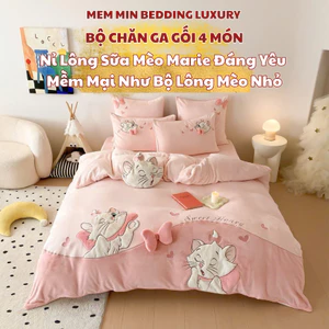 Bộ Chăn Ga Gối 5 Món Memminbedding Luxury Chất Liệu Nỉ Nhung Mịn Mềm Thêu Họa Tiết Cô Mèo Đáng Yêu Dễ Thương - L587