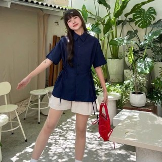 Áo sơ mi đũi buộc nơ eo cổ bẻ cúc cài nữ tiểu thư xinh xắn hàng loại 1