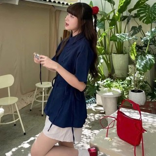 Áo sơ mi đũi buộc nơ eo cổ bẻ cúc cài nữ tiểu thư xinh xắn hàng loại 1