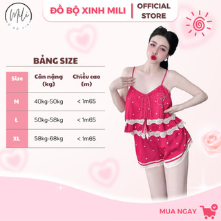 Đồ Bộ Ngủ Nữ, Đồ Mặc Nhà Lụa Latin Cao Cấp MiLi – Áo 2 Dây Croptop Thắt Nơ, Nút Bọc Phối Ren Bèo 2 Tầng, Quần Đùi Có Túi
