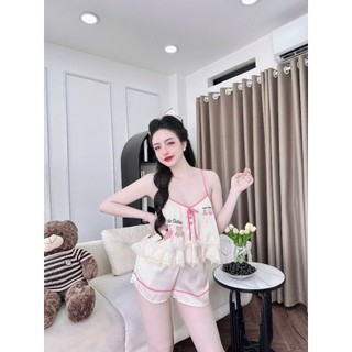 Đồ Bộ Ngủ Nữ, Đồ Mặc Nhà Lụa Latin Cao Cấp MiLi – Áo 2 Dây Croptop Thắt Nơ, Nút Bọc Phối Ren Bèo 2 Tầng, Quần Đùi Có Túi