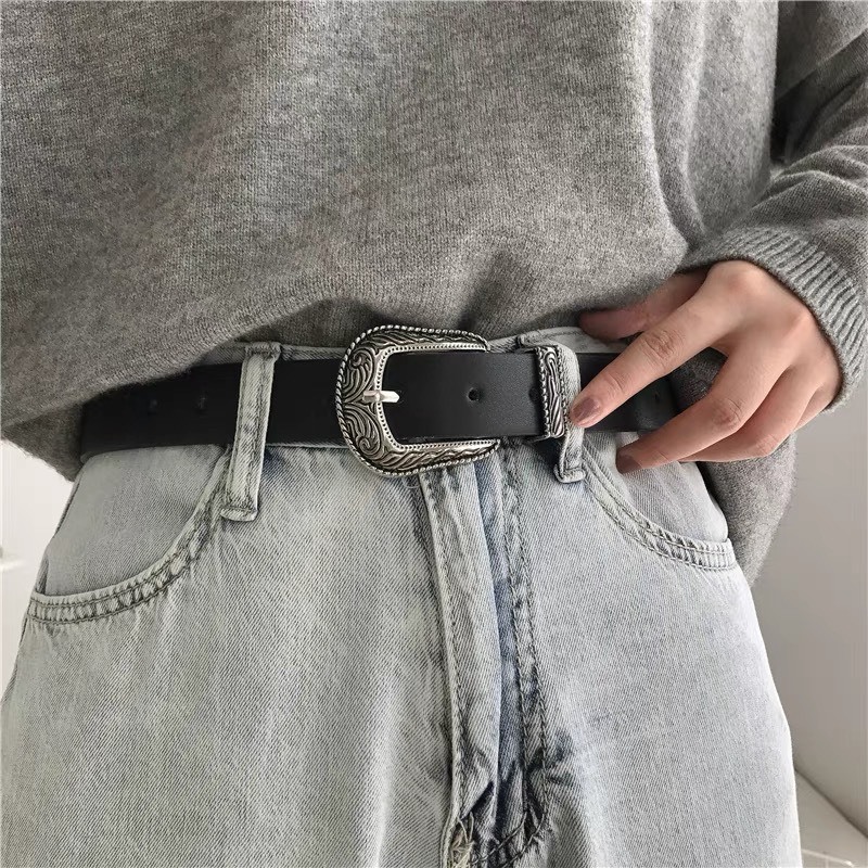 Thắt Lưng dây da Nam Nữ Sơn Tùng MTP bản khắc HOA VĂN Màu Đen Bạc Đẹp Dây Nịt Lưng Nam Nữ mẫu Mặt Kim Loại Horizon