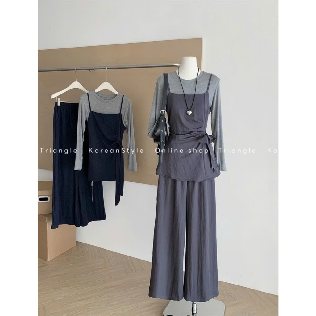 TRIANGLE - Ele Set (Cân nhắc kỹ, return is not welcomed) -Set 3 chi tiết áo hai dây kèm áo thun dài tay và quần ống rộng
