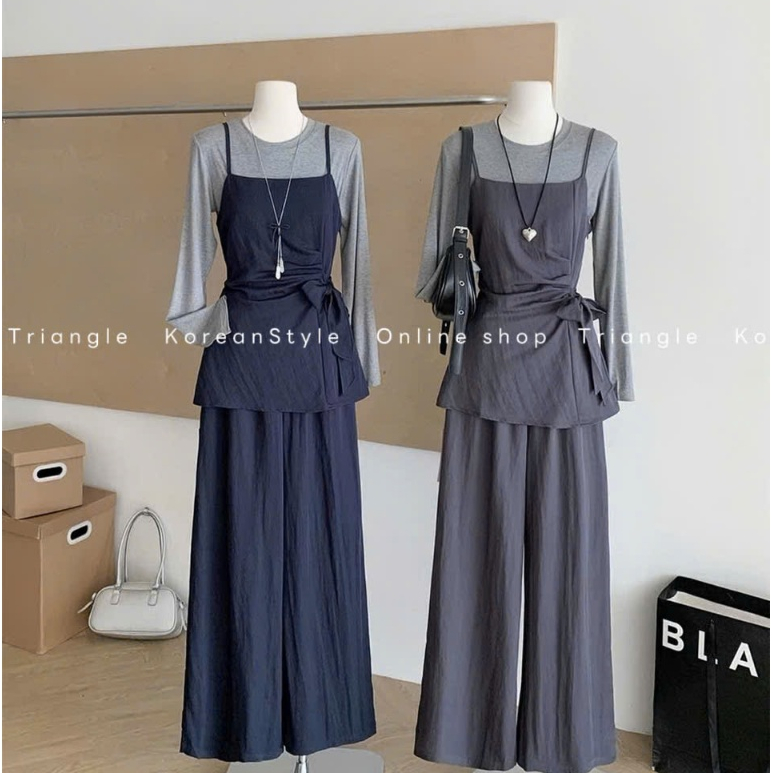 TRIANGLE - Ele Set (Cân nhắc kỹ, return is not welcomed) -Set 3 chi tiết áo hai dây kèm áo thun dài tay và quần ống rộng
