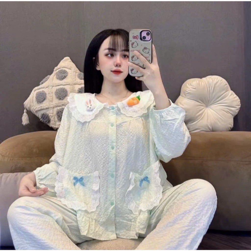 Bộ đũi dài cổ sen thỏ cà rốt túi ren nơ - MS A08