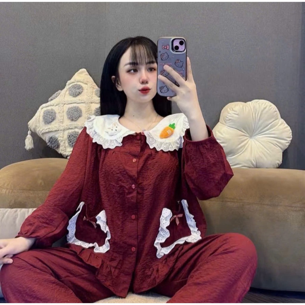 Bộ đũi dài cổ sen thỏ cà rốt túi ren nơ - MS A08