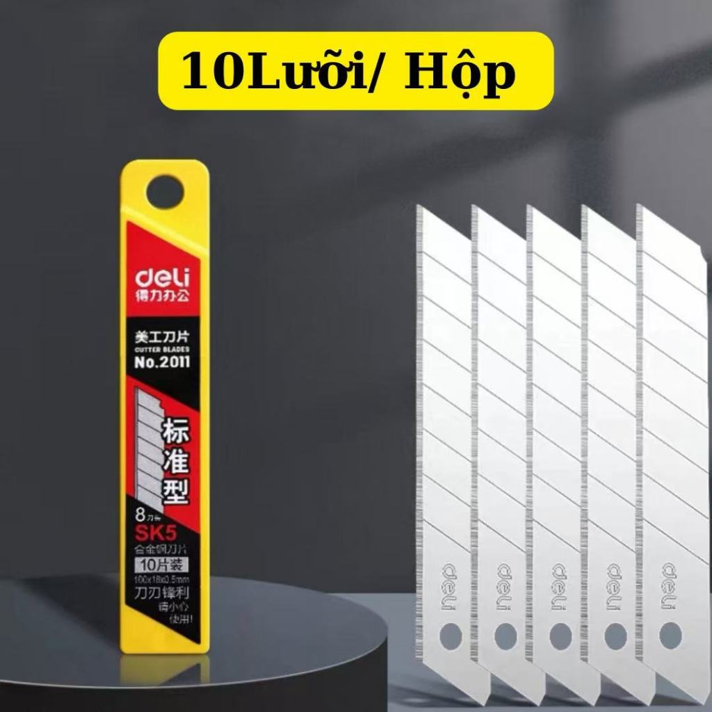 Lưỡi dao rọc Giấy Deli 2011  Kích Thước 18mm/9mm, Lưỡi Sắc Bén, Bền Bỉ Hộp 10 Lưỡi Thay Thế Tiện Lợi