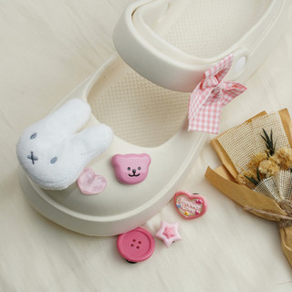 Bộ 7 Sticker, Charm 3D chủ đề Thỏ nơ hồng nhựa cứng gắn Dép Sục, Cá Sấu Mita JB-381