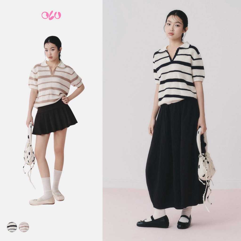 Áo len cổ polo kẻ sọc dáng suông trẻ trung năng động Striped Knit Polo Loose Top mặc thường ngày OLV