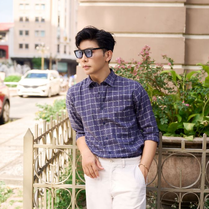 Áo Sơ Mi Nam Dài Tay NINOMAXX Xanh Caro Chất Melange Cotton Chống Nhăn Tôn Dáng Lịch Lãm 2110030